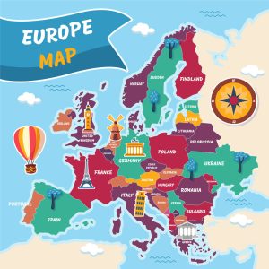 وکتور نقشه اروپا با مکانهای دیدنی کشورها