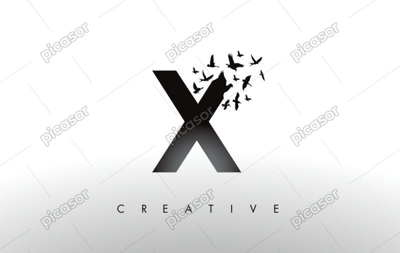 وکتور حرف X با پرنده ها در حال پرواز - وکتور لوگو X با پرنده