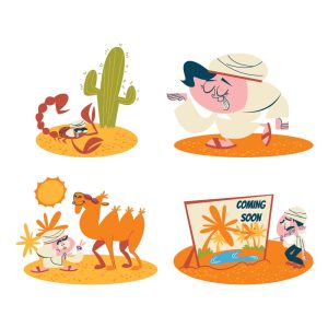 4 وکتور کارتونی شتر عقرب و مرد در صحرا