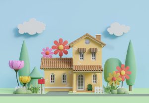 عکس خانه کارتونی با گل و درخت رنگبندی پاستل