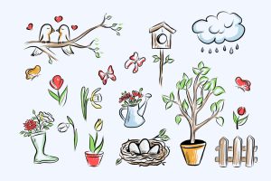 15 وکتور نقاشی بهار با گل و پرنده با لانه پرنده های عاشق و ابر بهاری - وکتور سمبلهای بهار و فصل نو