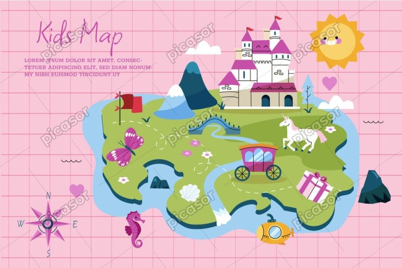وکتور نقشه کودکانه از دنیای فانتزی با کالسه و تکشاخ و قصر