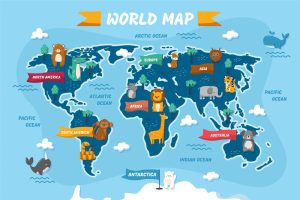 وکتور نقشه کودکانه با حیوانات هر قاره