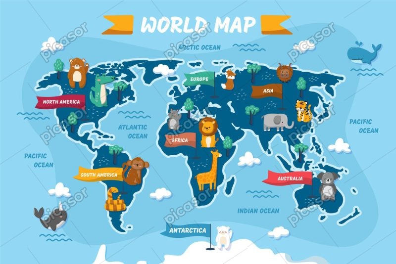 وکتور نقشه کودکانه با حیوانات هر قاره