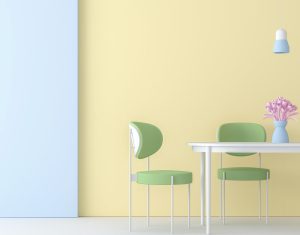 عکس زمینه میز و صندلی در اتاق رنگبندی پاستلی