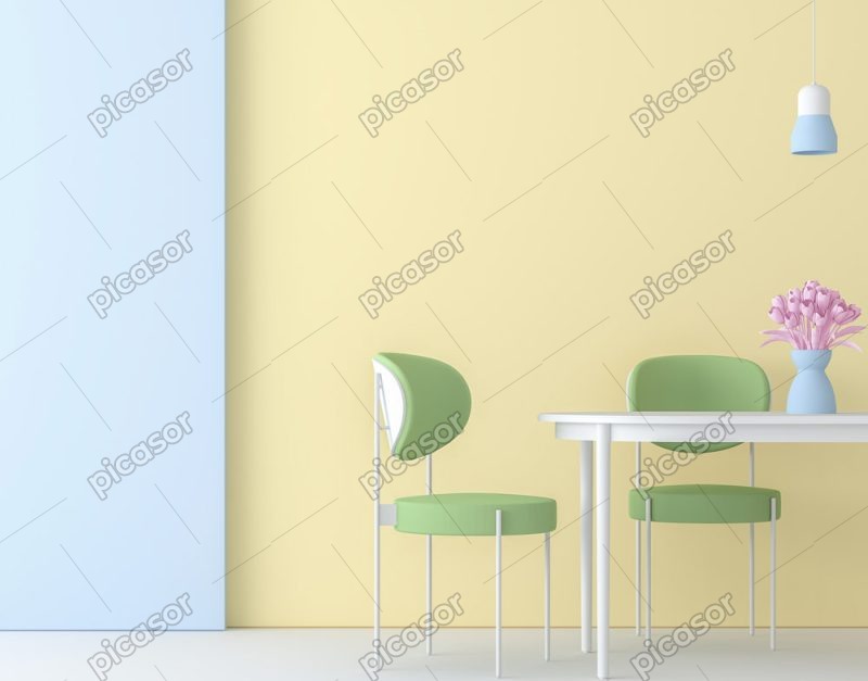 عکس زمینه میز و صندلی در اتاق رنگبندی پاستلی