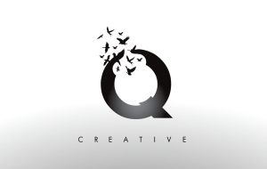 وکتور حرف Q با پرنده ها در حال پرواز - وکتور لوگو Q با پرنده