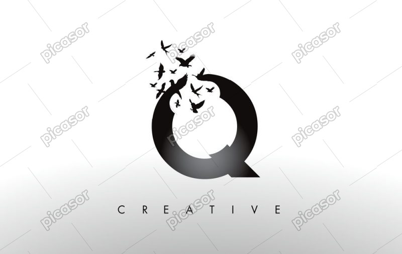 وکتور حرف Q با پرنده ها در حال پرواز - وکتور لوگو Q با پرنده