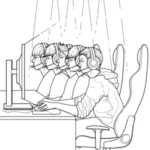 وکتور کافی نت و پسرها پشت کامپیوتر در حال بازی نما از کنار طرح خطی