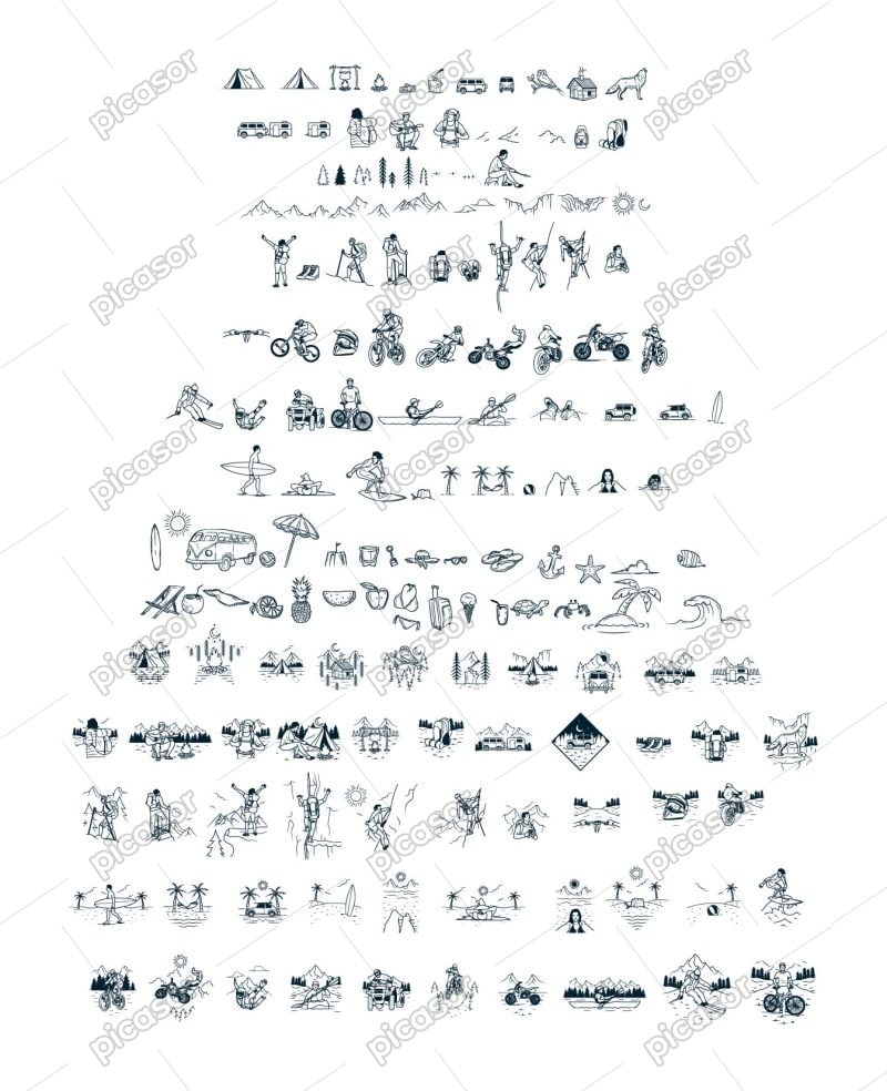 مجموعه 100 وکتور آیکون طبیعت گردی کوه نوردی و تفریحات ساحلی و کمپینگ