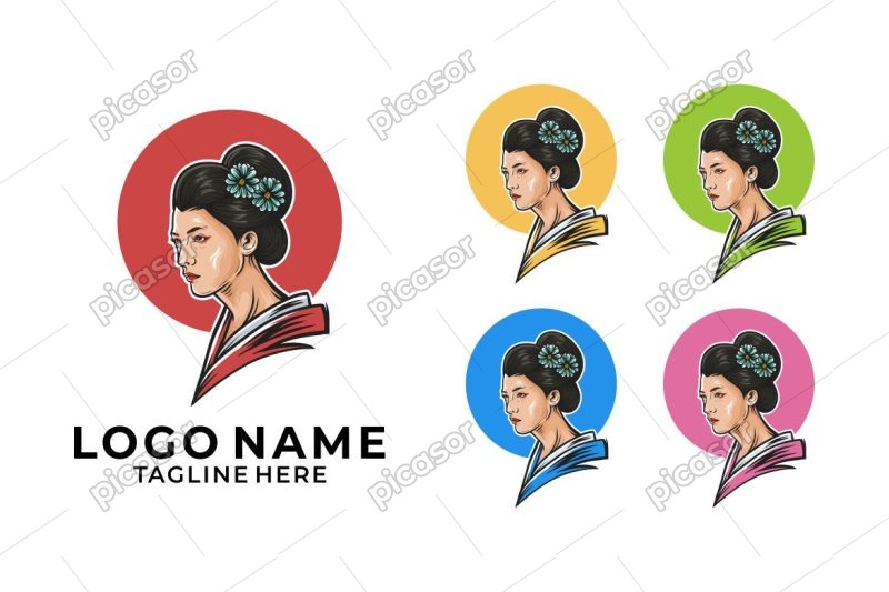 وکتور لوگو زن ژاپنی در 5 ترکیب رنگی - وکتور تصویرسازی زن ژاپنی با لباس سنتی ژاپنی