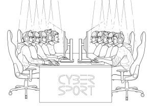 وکتور پسرها پشت میز کامپیوتر در حال بازی نما از کنار طرح خطی - وکتور پس زمینه مسابقه با کامپیوتر