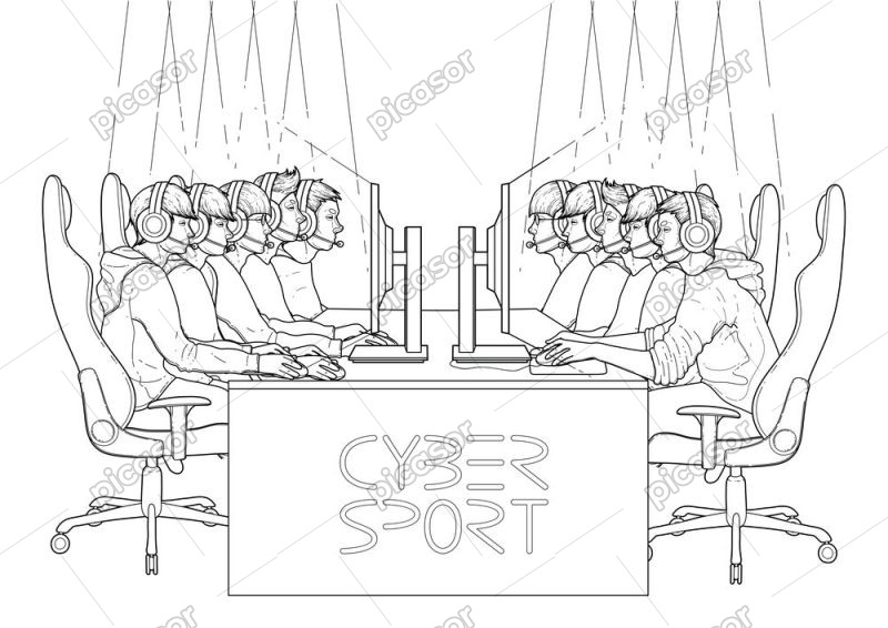 وکتور پسرها پشت میز کامپیوتر در حال بازی نما از کنار طرح خطی - وکتور پس زمینه مسابقه با کامپیوتر