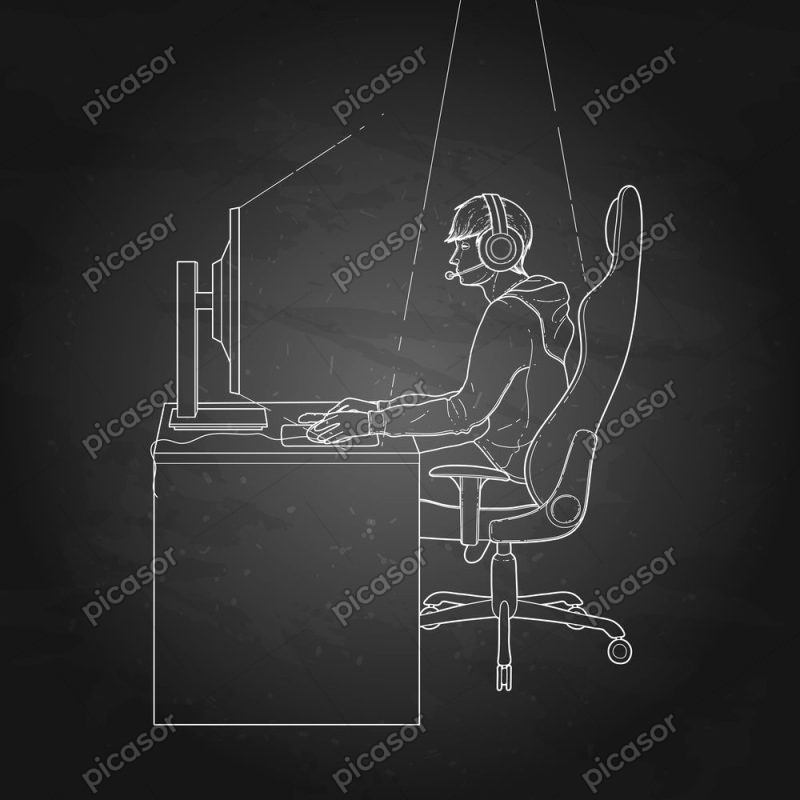 وکتور خطی پسر در حال کار با کامپیوتر نما از کنار طرح - وکتور کارکردن با کامپیوتر