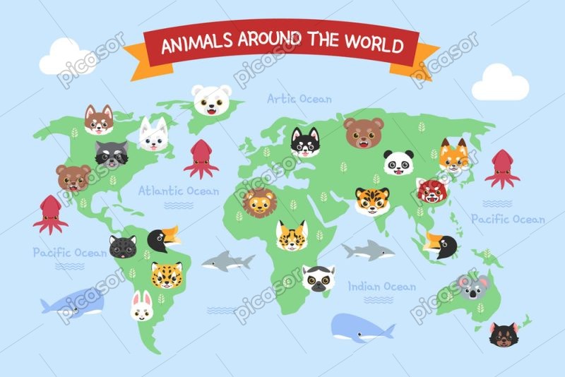 وکتور نقشه با حیوانات هر قاره - نقشه جغرافیایی اطلس جهان با حیوانات