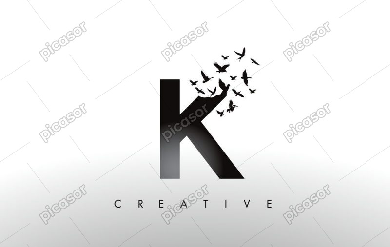 وکتور حرف K با پرنده های در حال پرواز - وکتور لوگو K با پرنده