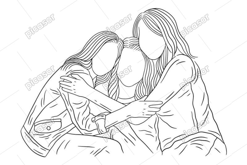 وکتور دخترها در آغوش هم طرح مینیمال خطی - وکتور استایل دخترانه