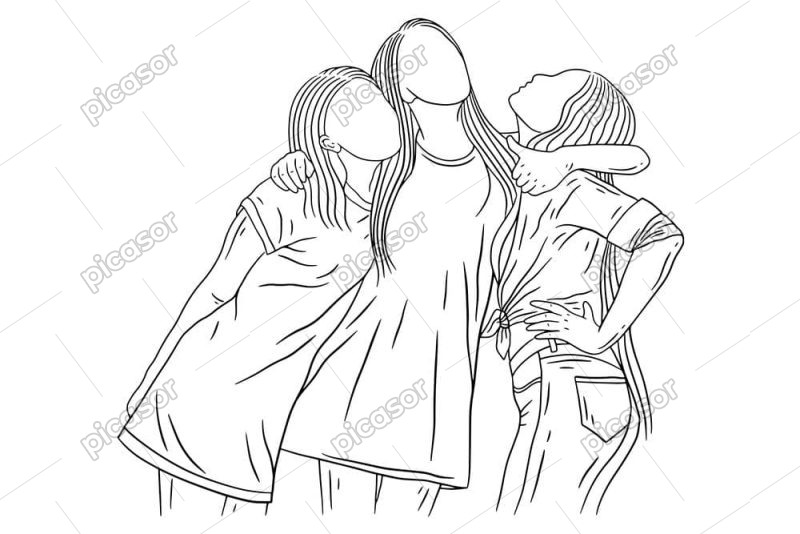 وکتور دخترها با استایل دخترانه کنار هم طرح مینیمال خطی - وکتور استایل دخترانه