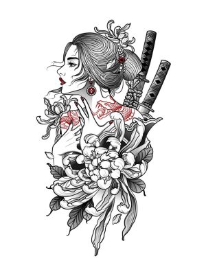 وکتور دختر سامورایی جنگجوی ژاپنی با شمشیر - وکتور تصویرسازی سامورایی زن جوان
