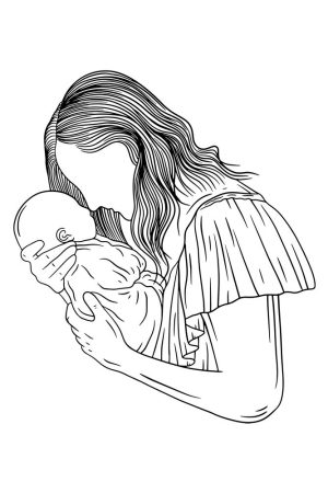 وکتور نوزاد در آغوش مادر طرح نقاشی خطی - وکتور مادر و بچه