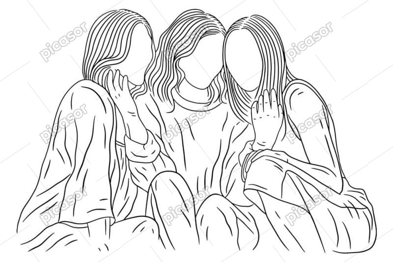 وکتور 3 دختر دوست صمیمی کنار هم طرح مینیمال خطی - وکتور استایل دخترانه