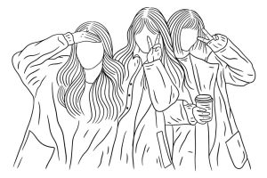 وکتور 3 دختر دوست کنار هم با لیوان در دست طرح خطی
