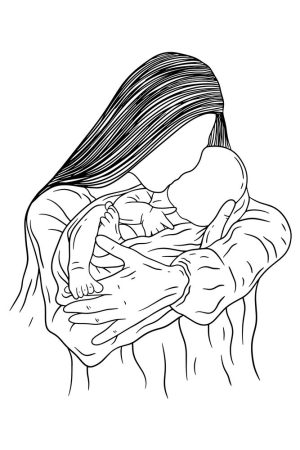 وکتور کودک در آغوش مادر طرح نقاشی خطی - وکتور مادر و فرزند