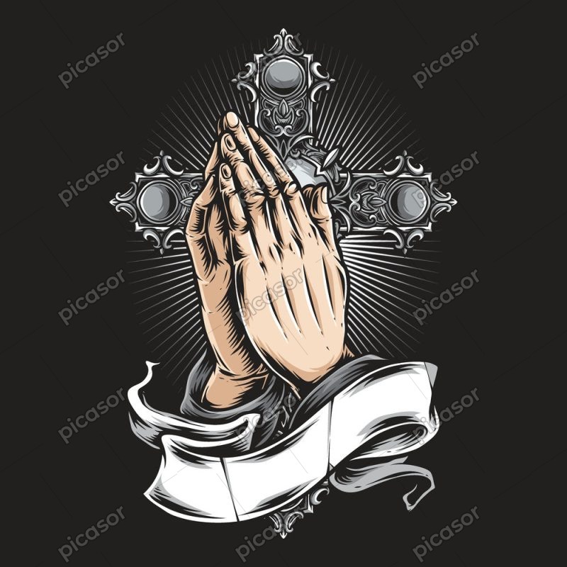 وکتور دست دعا با صلیب - وکتور تصویرسازی دعا کردن