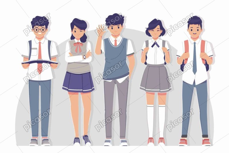 5 وکتور دانش آموز پسر و دختر با روپوش مدرسه - وکتور دانش آموزان کنار هم