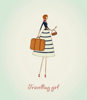 وکتور نقاشی دختر با چمدان - وکتور تصویرسازی زن جوان در سفر