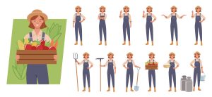 12 وکتور شخصیت کارتونی کشاورز دختر - وکتور دختر با جعبه میوه و سبزیجات در دست