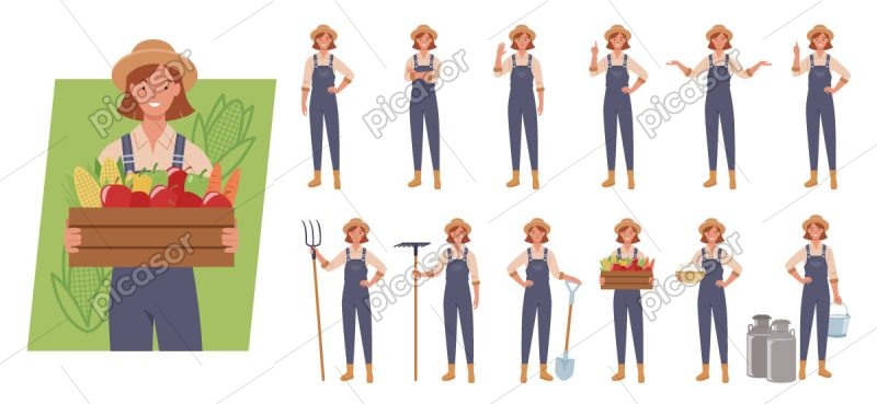 12 وکتور شخصیت کارتونی کشاورز دختر - وکتور دختر با جعبه میوه و سبزیجات در دست
