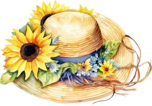نقاشی کلاه حصیری با آفتابگردان آبرنگی - کلیپ آرت عکس نقاشی آبرنگی گلهای آفتابگردان روی کلاه
