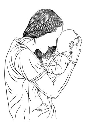 وکتور نقاشی نوزاد در آغوش مادر طرح خطی