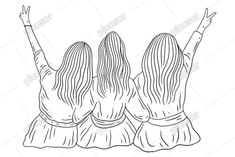 وکتور دخترهای جوان از پشت سر نشسته کنار هم طرح مینیمال خطی