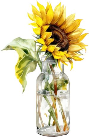 کلیپ آرت گلدان شیشه ای گل آفتابگردان آبرنگی - عکس نقاشی آبرنگی آفتابگردان داخل شیشه