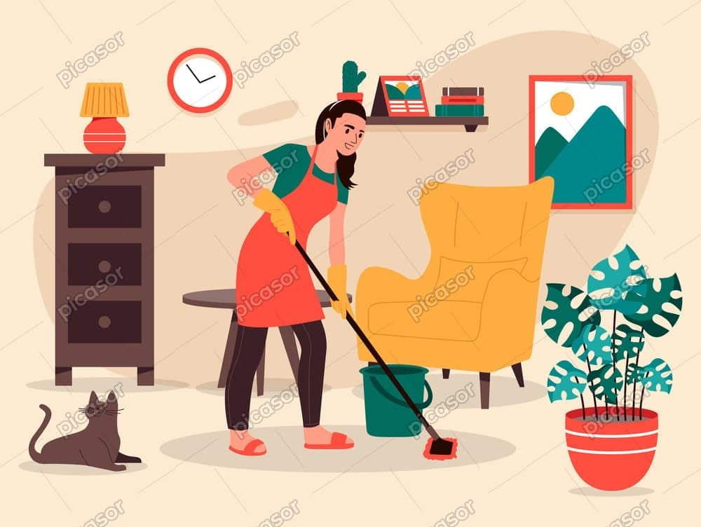 وکتور نظافت اتاق و منزل - وکتور دختر در حال تی کشیدن وکتور نظافت اتاق و منزل - وکتور دختر در حال تی کشیدن