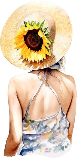 کلیپ آرت نقاشی دختر با آفتابگردان روی کلاه از پشت سر طرح آبرنگی