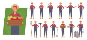 12 وکتور شخصیت کارتونی کشاورز مرد - وکتور مرد با جعبه میوه و سبزیجات در دست