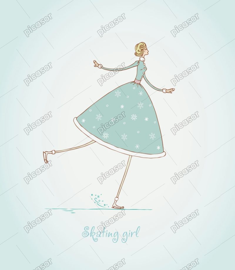 وکتور نقاشی دختر با اسکیت روی یخ - وکتور تصویرسازی دختر رمانتیک
