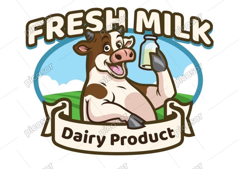 وکتور لوگو گاو با شیشه شیر تازه - وکتور لیبل لبنیات لوگو شیر تازه و محصولات لبنی