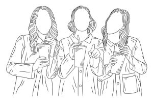 وکتور 3 دختر دوست کنار هم با لیوان در دست طرح مینیمال خطی - وکتور استایل دخترانه