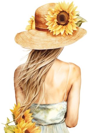 کلیپ آرت نقاشی دختر با آفتابگردان روی کلاه از پشت سر طرح آبرنگ