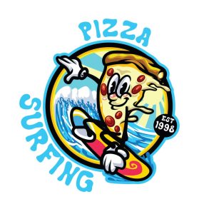 وکتور کارتونی پیتزا در حال موج سواری - وکتور لوگو پیتزا کارتونی