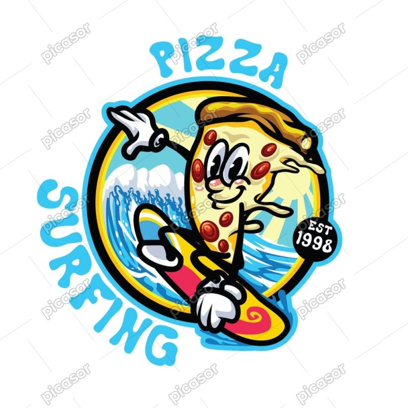 وکتور کارتونی پیتزا در حال موج سواری - وکتور لوگو پیتزا کارتونی