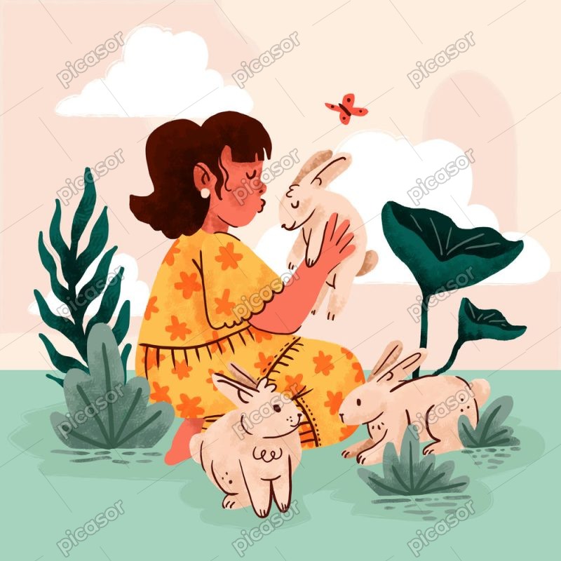 وکتور نقاشی دختر با خرگوش ها - وکتور تصویرسازی کودک با حیوانات