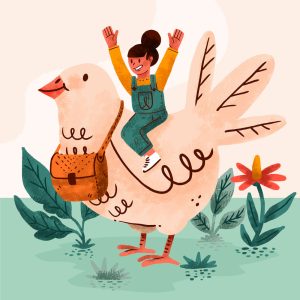 وکتور نقاشی دختر سوار کبوتر نامه بر - وکتور تصویرسازی کودک با حیوانات