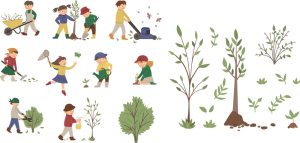 2 وکتور بچه ها در حال درختکاری و کاشت درخت با کودکان