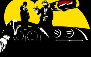 وکتور پوستر مافیا با ماشین طرح کمیک - وکتور کمیک جنایی مافیا با تفنگ و مرد در ماشین