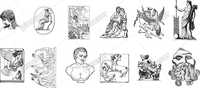 12 وکتور شخصیت های اساطیر یونان باستان - وکتور مجسمه زن و مرد یونانی
